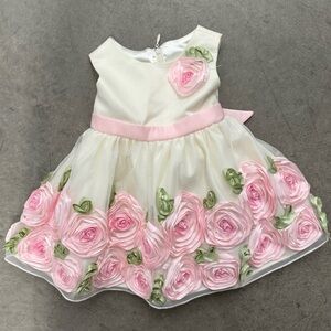 American Princess Dress with Pink Ribbon Roses. Easter. Wedding. Formal. 18 M